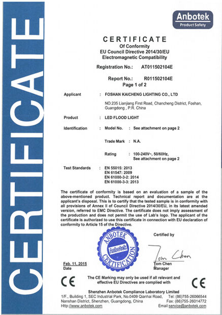 CHINA Foshan Kaicheng Lighting Co., Ltd. certificaten
